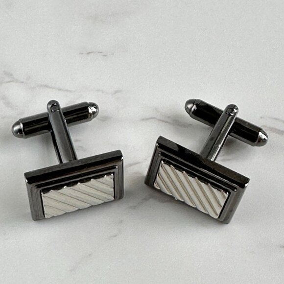 Gunmetal & Silver Rectangular Stripe Cufflinks For Men - Picture 3 of 8